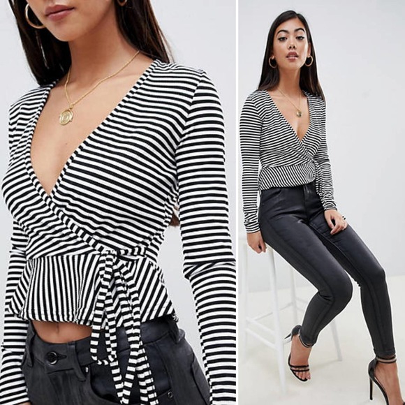ASOS Boohoo Stripe Side Tie Wrap Top NWT - Picture 6 of 7